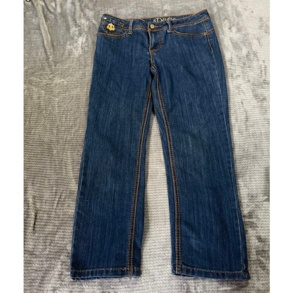 Dereon Beyonce Jeans Womens‎ 7/8 Dark Wash Straight Gold Logo Denim Blue 30X25